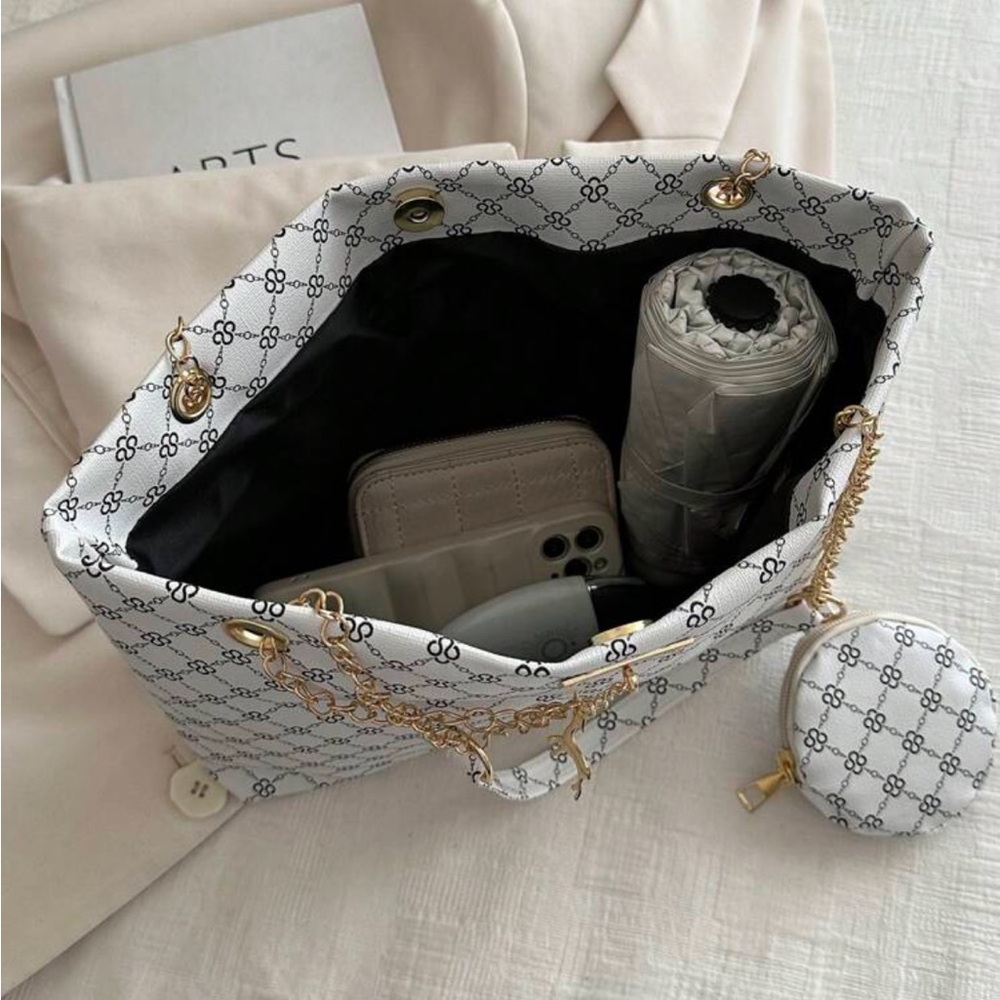 ⚠️Clearance Chain Shoulder Tote Bag Elegant White Patterned Bag with Gold Chain - Picture 10 of 11